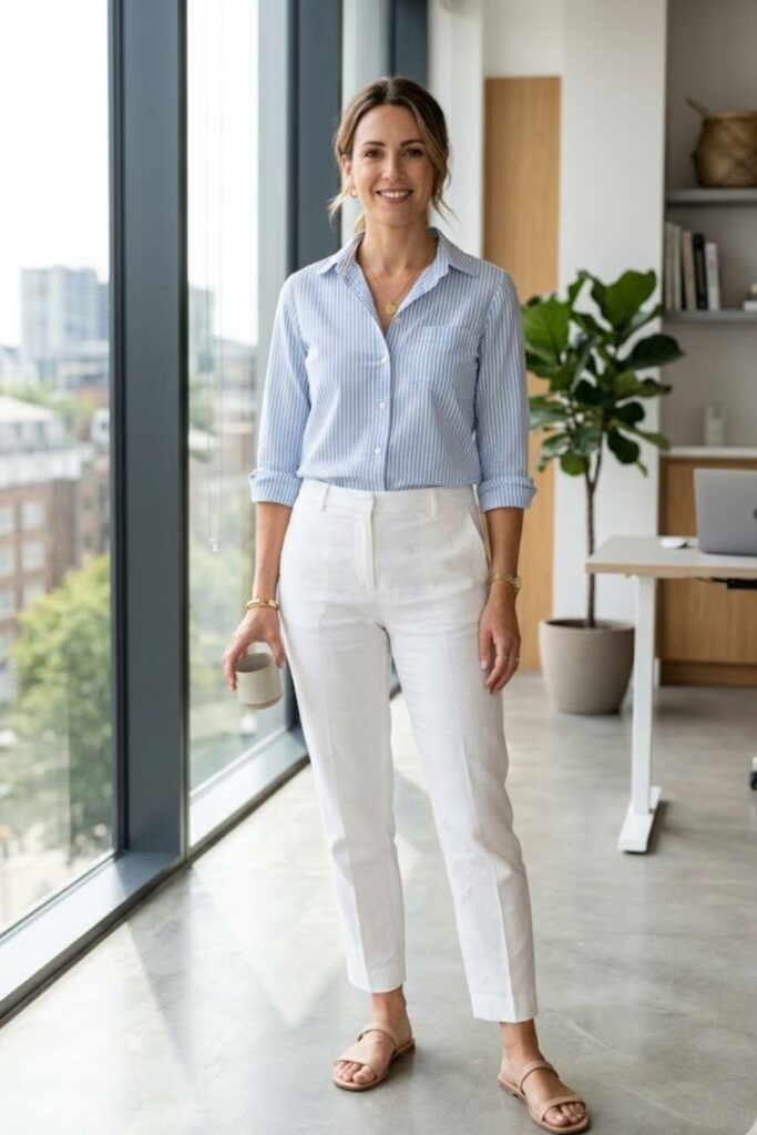 Blue Striped Shirt with White Chinos