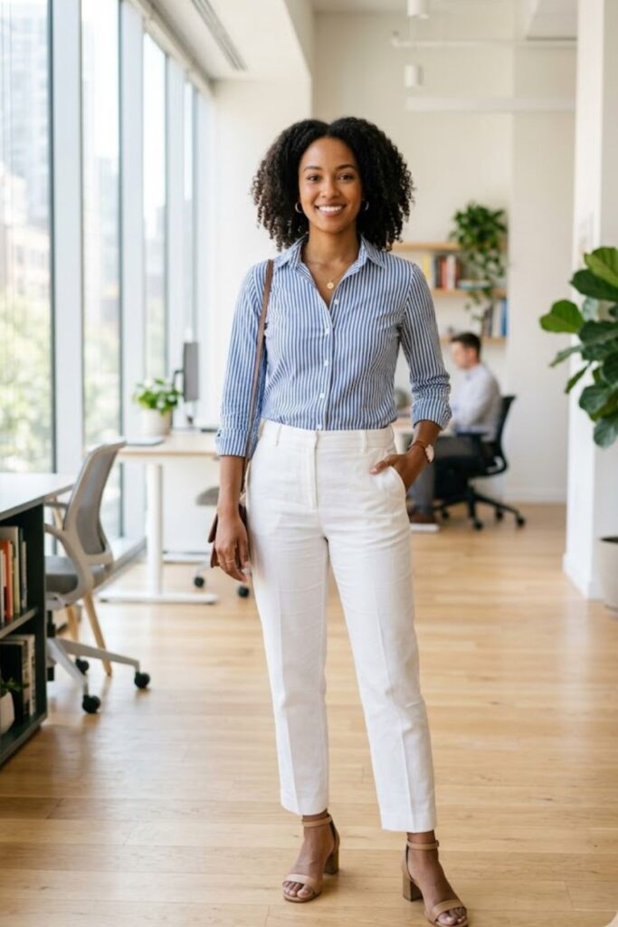  Blue Striped Shirt with White Chinos
