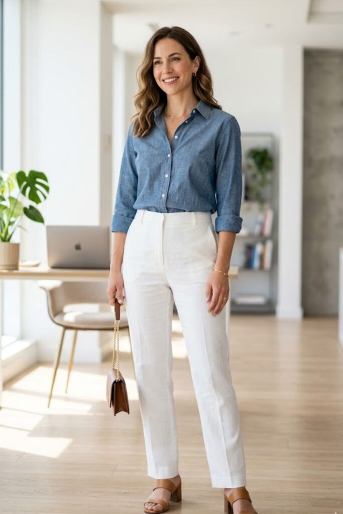 Chambray Shirt with White Pants