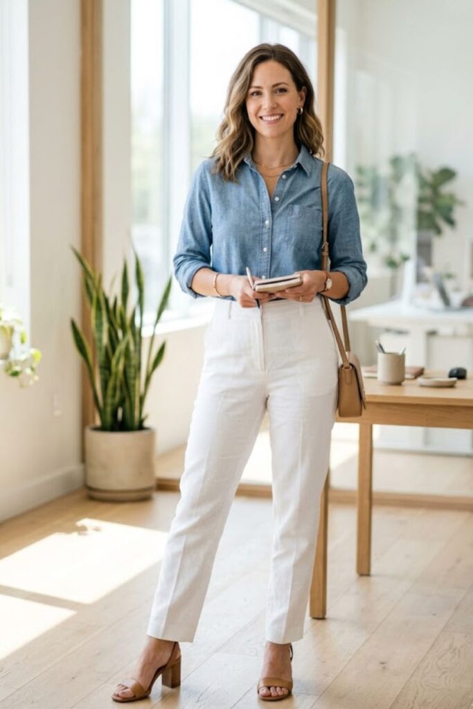 Chambray Shirt with White Pants