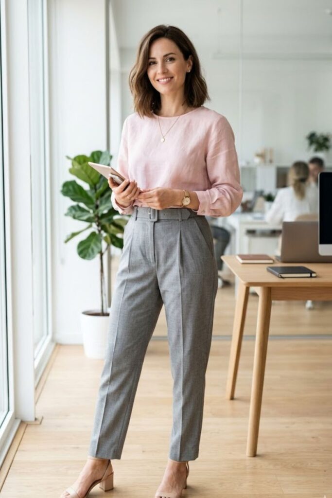 Light Pink Blouse with Grey Trousers