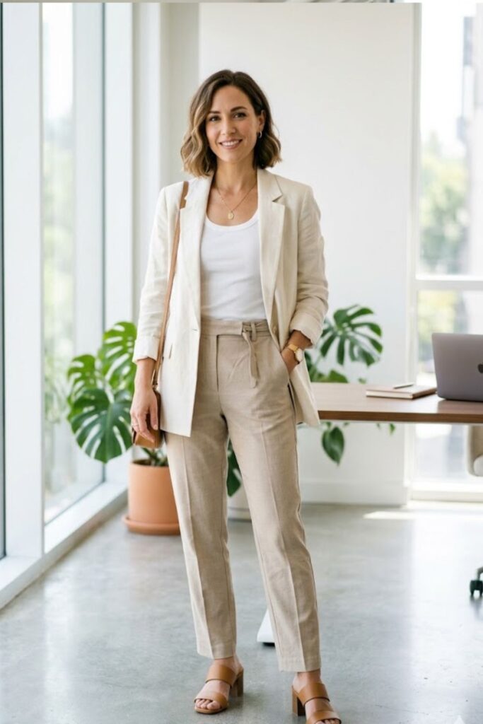 Linen Blazer with Cotton Tank and Tailored Pants