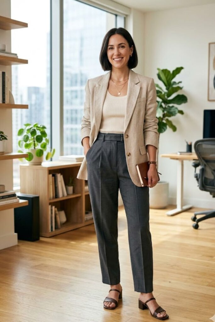 Linen Blazer with Cotton Tank and Tailored Pants