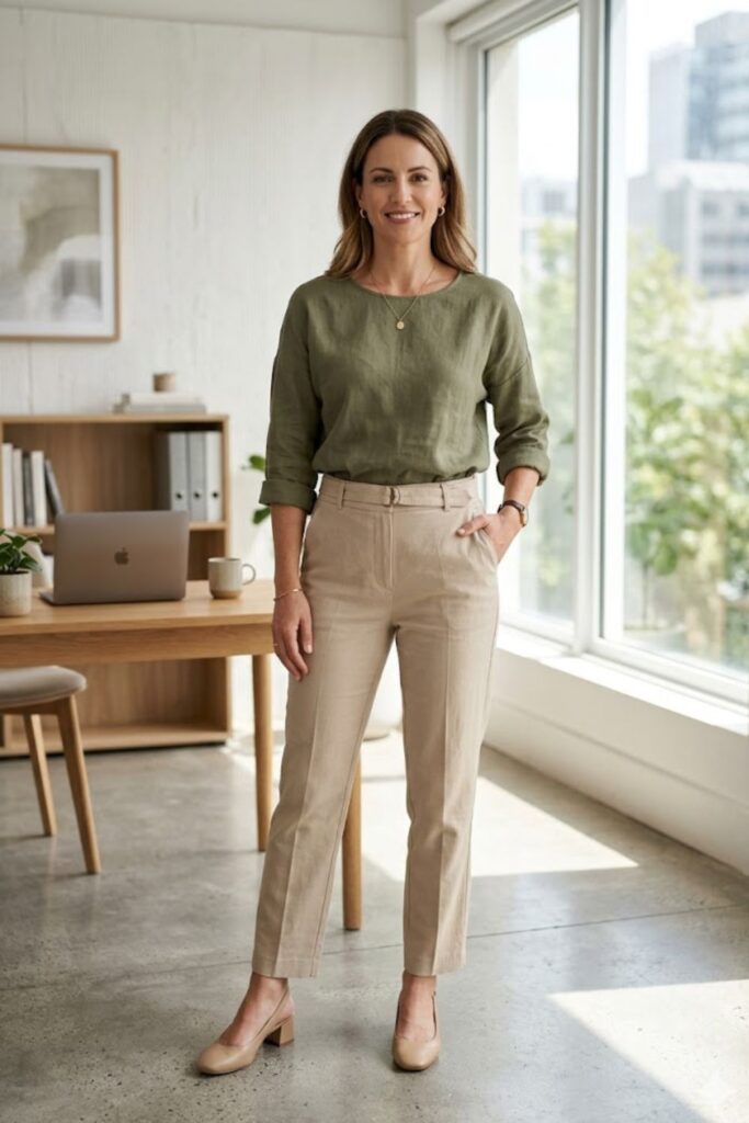 Olive Blouse with Beige Trousers