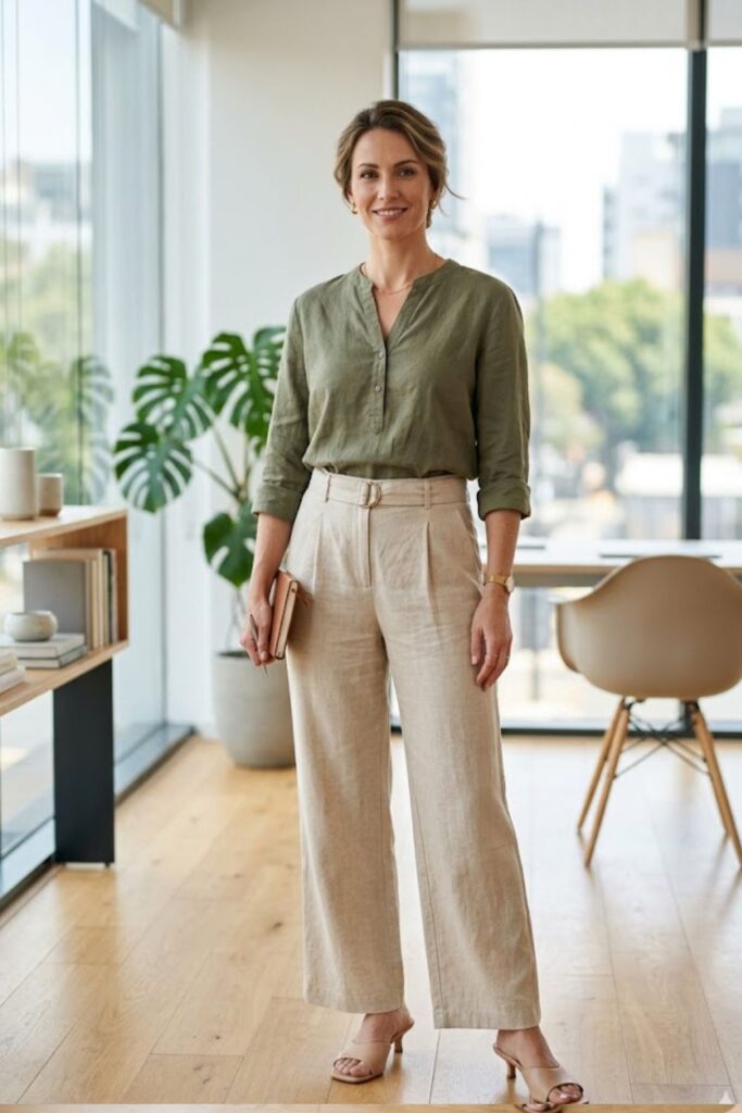 Olive Blouse with Beige Trousers