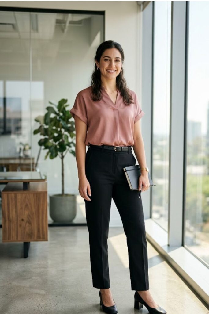 Short Sleeve Blouse with Black Trousers