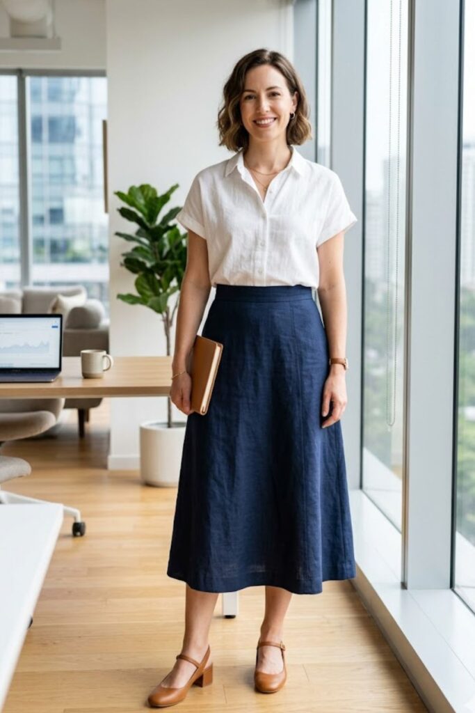 Short Sleeve Button-Up with A-Line Skirt