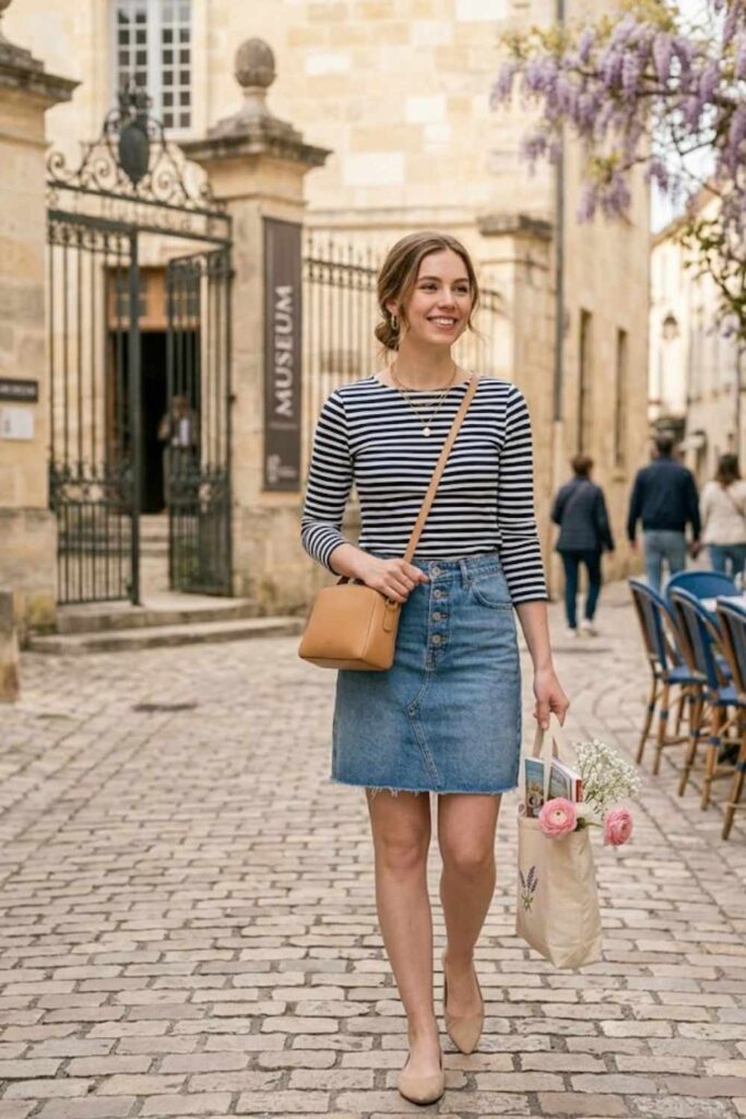 Striped Tee with Denim Skirt