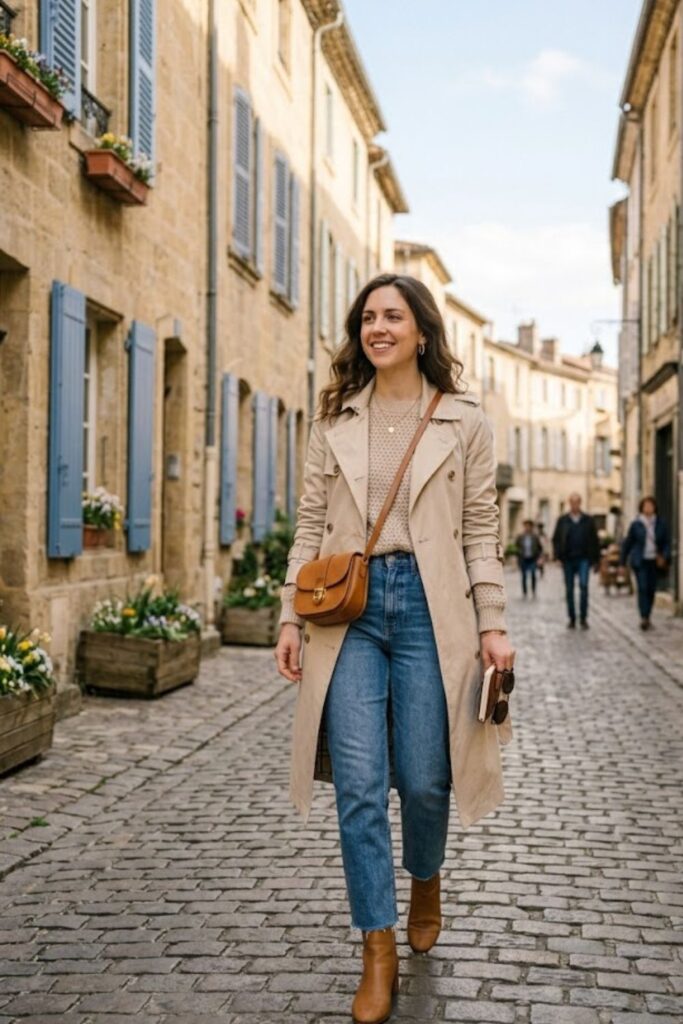 Trench Coat with Jeans and Sweater
