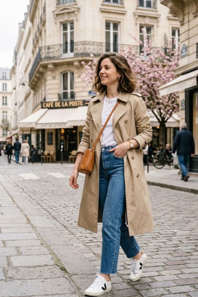 Trench Coat with Jeans and Tee