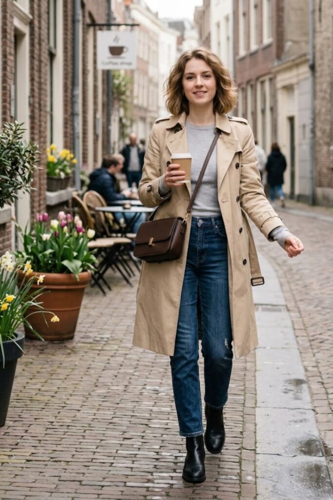 1. Trench Coat with Jeans and Knit Top