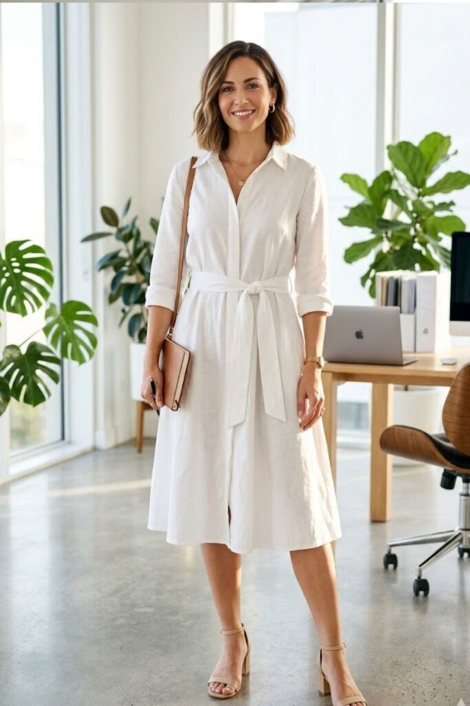 White Shirt Dress with Belted Waist