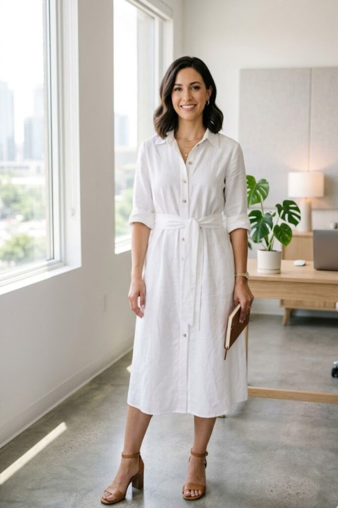 White Shirt Dress with Belted Waist