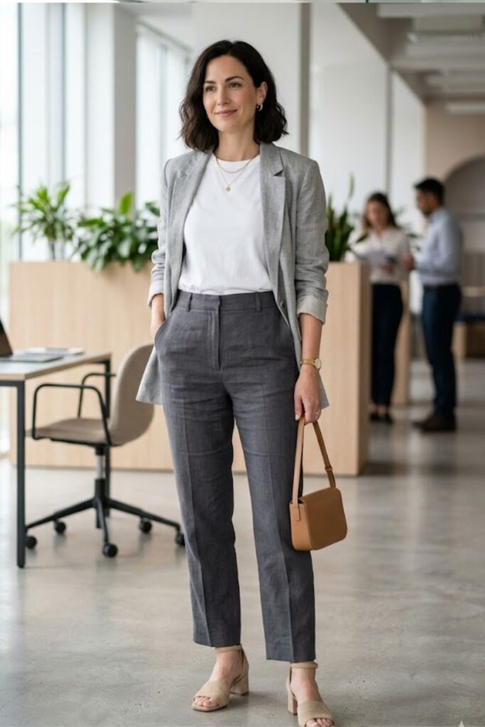 White Tee with Light Grey Blazer and Trousers
