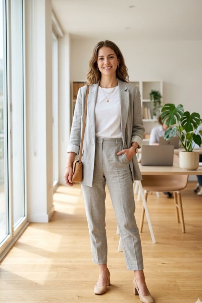 White Tee with Light Grey Blazer and Trousers