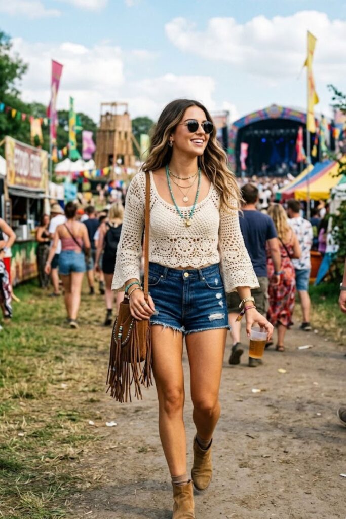 1. Crochet Top With High-Waisted Denim Shorts