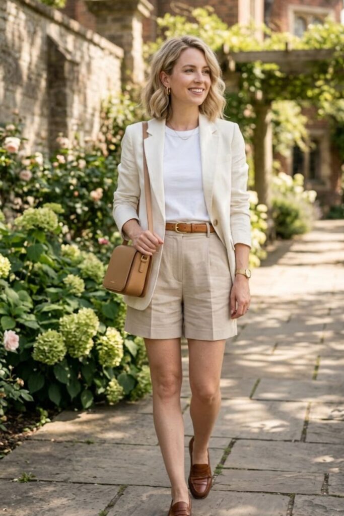 1. Linen Blazer With White Tee And Tailored Shorts