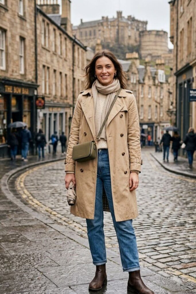 1. Trench Coat With Knit Sweater And Jeans