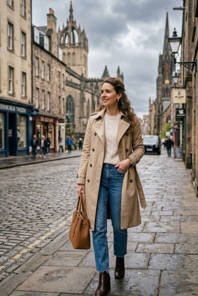 1. Trench Coat With Knit Sweater And Jeans