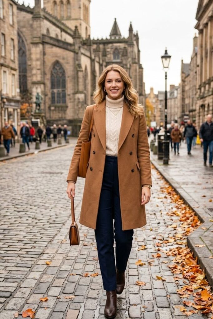 10. Double-Breasted Coat With Sweater And Trousers