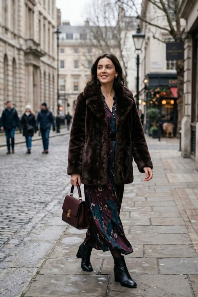 11. Faux Fur Coat With Maxi Dress