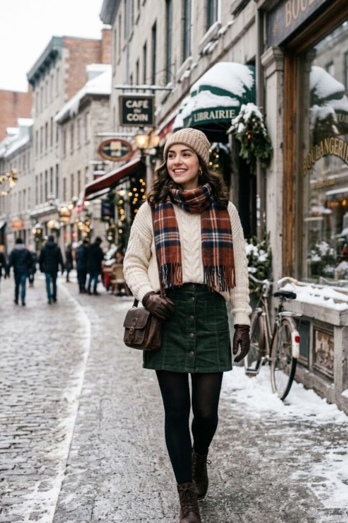 12. Cable Knit Sweater With Corduroy Skirt And Tights
