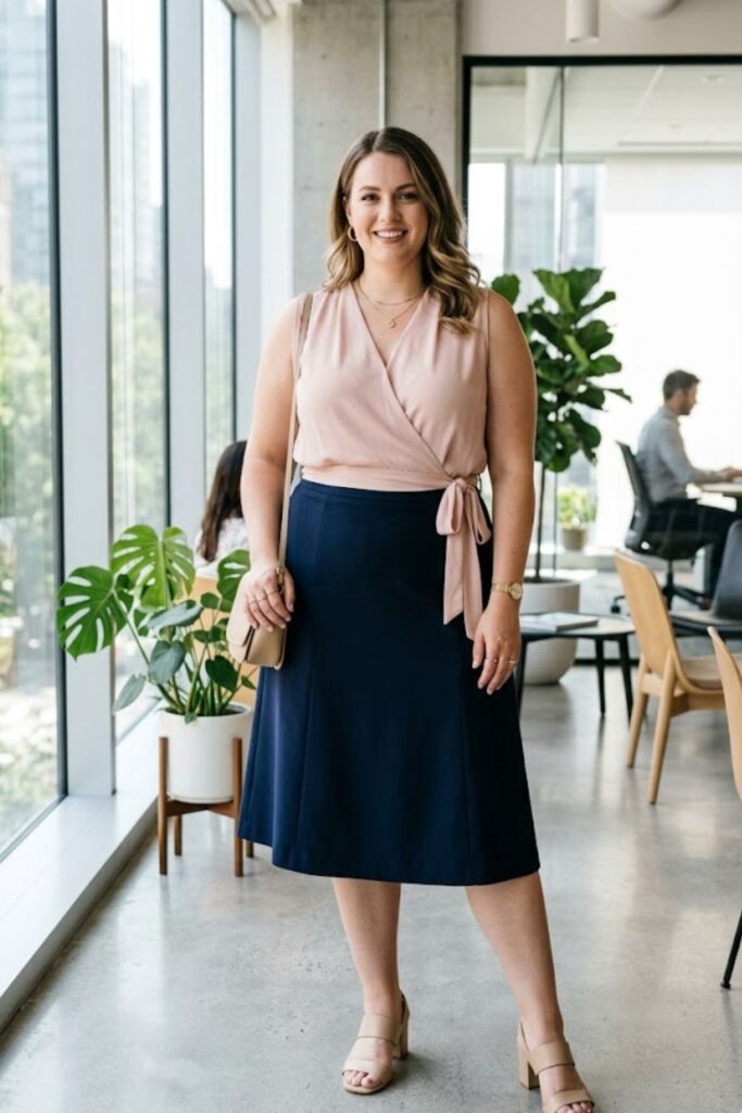 12. Sleeveless Wrap Top with High-Waisted Skirt