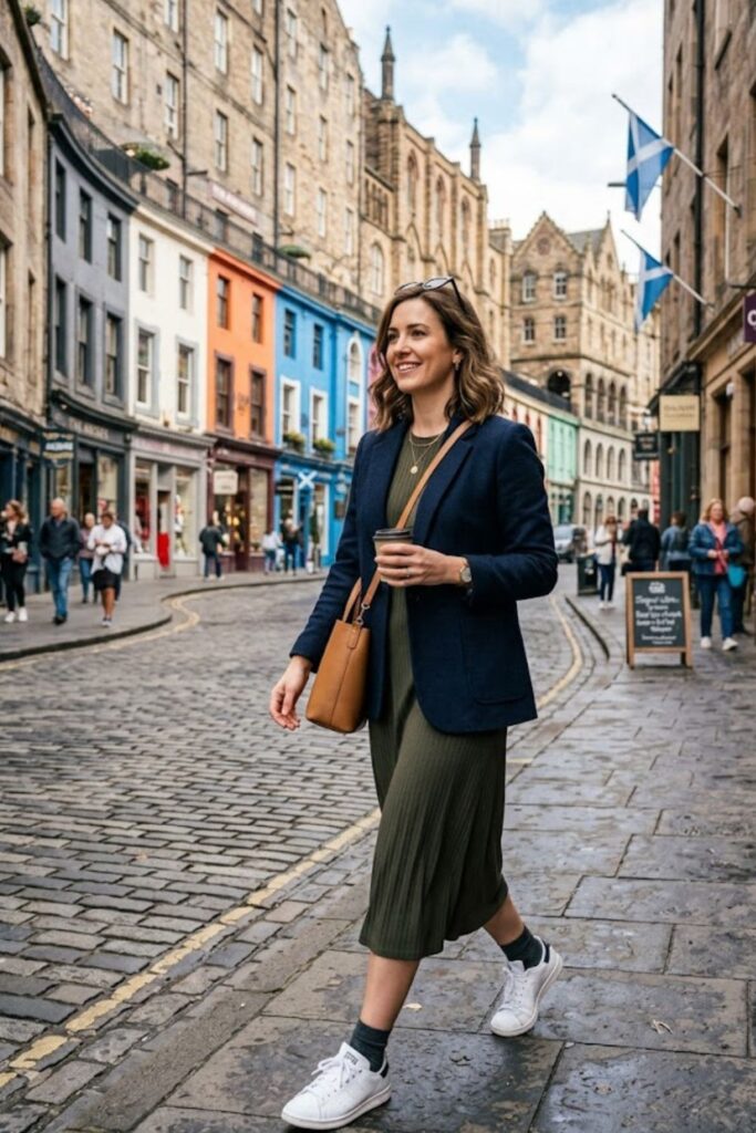 14. Blazer With Midi Dress And Sneakers