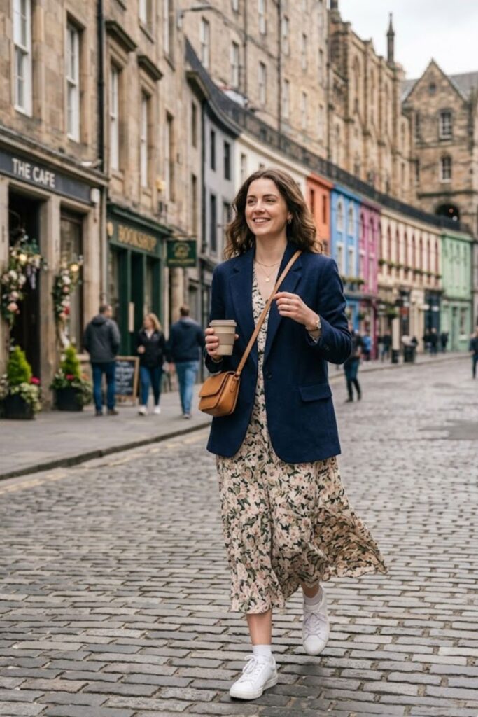 14. Blazer With Midi Dress And Sneakers