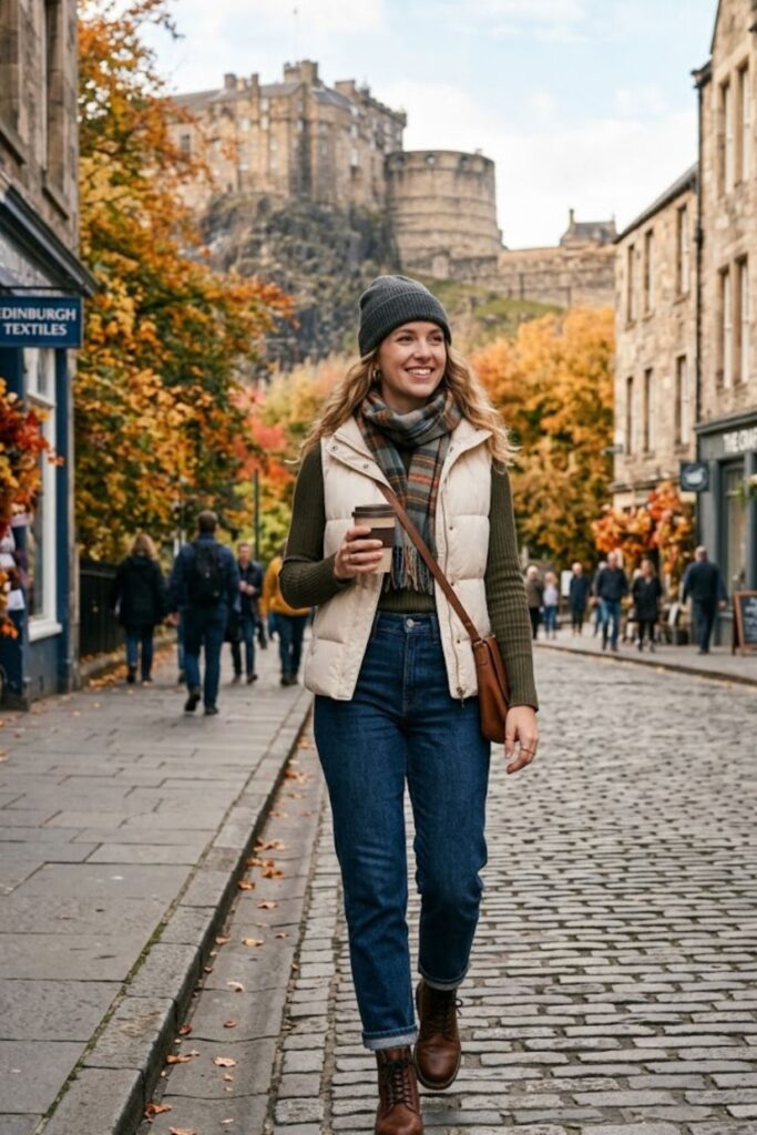 14. Puffer Vest With Long-Sleeve Top And Jeans
