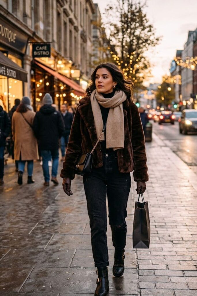 15. Faux Fur Jacket With Black Denim And Boots