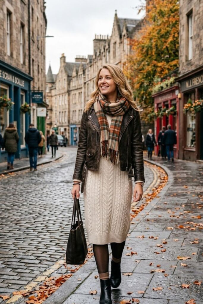 15. Knit Dress With Leather Jacket