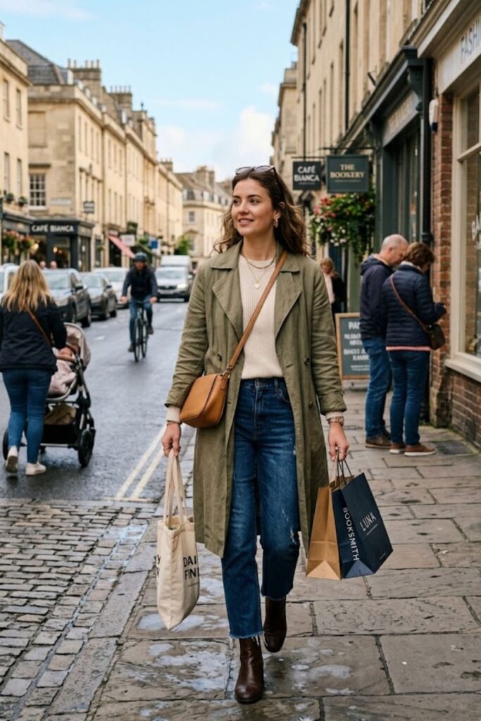 15. Lightweight Coat With Knit Top And Jeans
