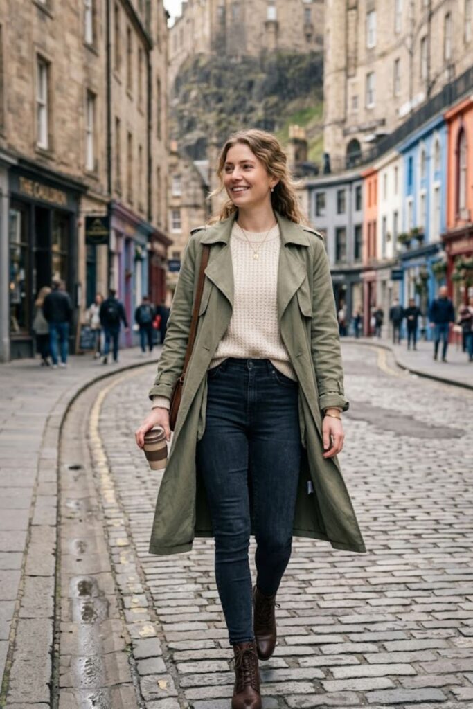 15. Lightweight Coat With Knit Top And Jeans