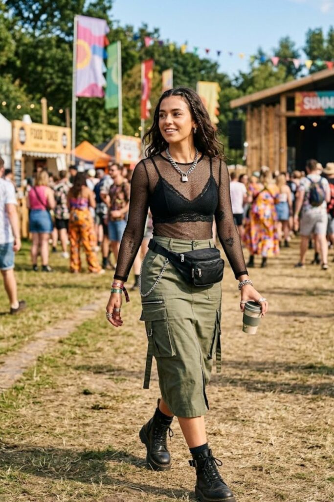 15. Mesh Top With Bralette And Cargo Skirt