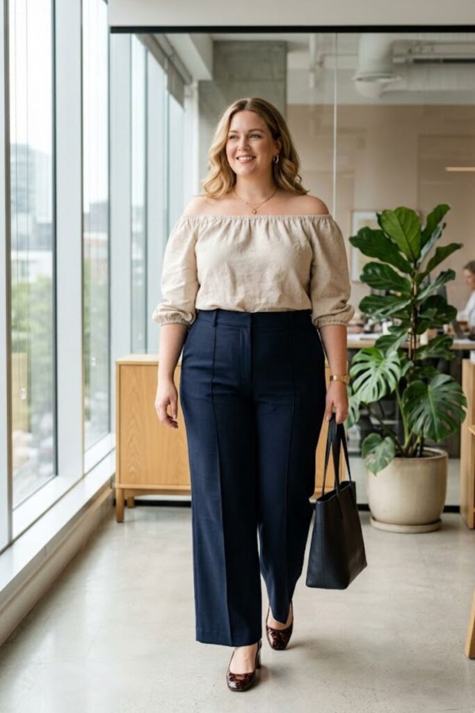 15. Off-Shoulder Blouse with Wide-Leg Pants