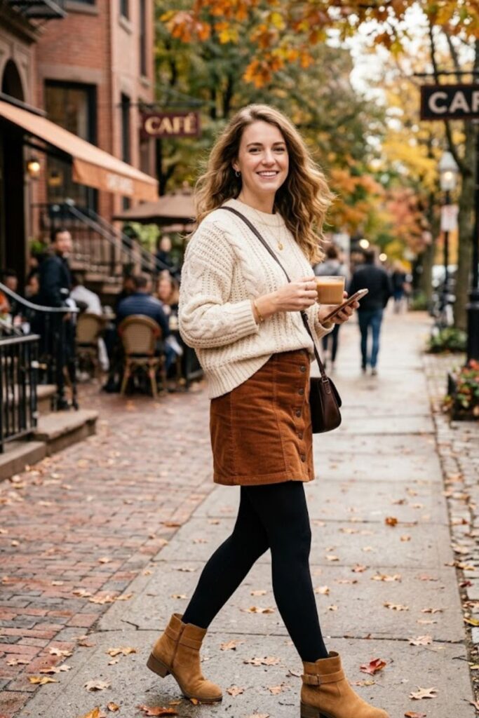 2. Chunky Knit Sweater With Corduroy Skirt