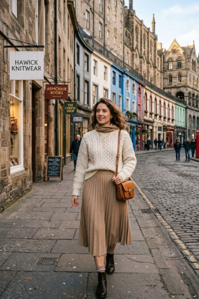 2. Chunky Knit With Midi Skirt And Layered Accessories