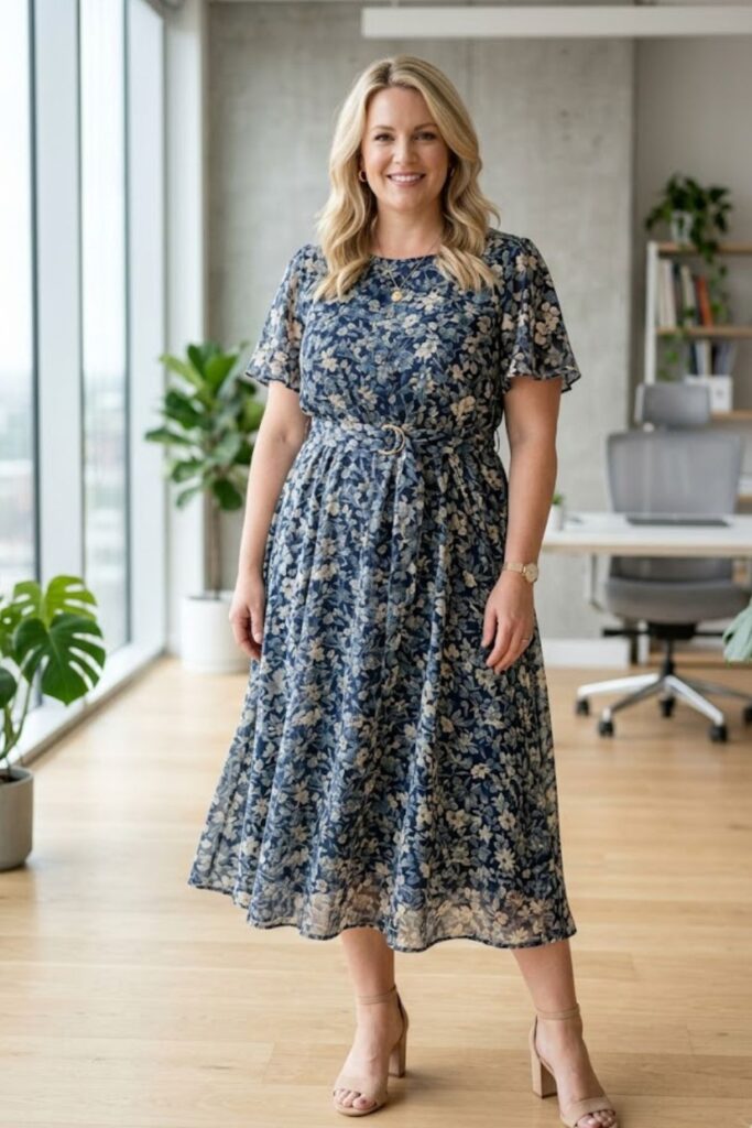 2. Flowing Midi Dress with Belted Waist