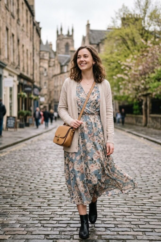 2. Midi Dress With Cardigan And Ankle Boots