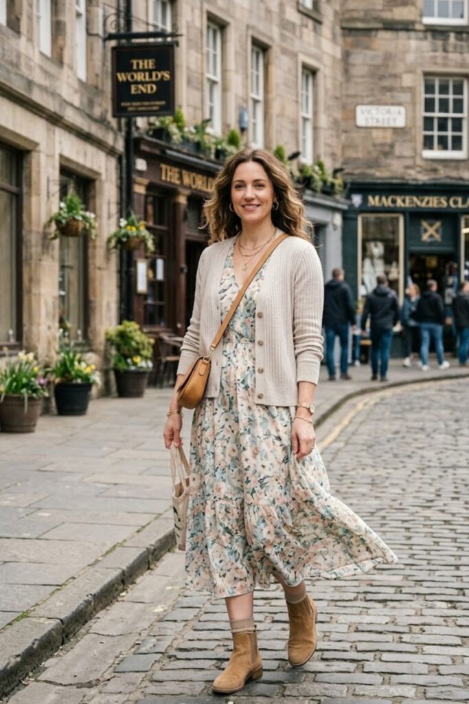 2. Midi Dress With Cardigan And Ankle Boots