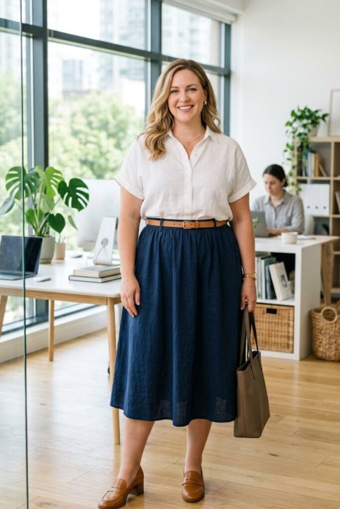 3. Button-Up Shirt with A-Line Skirt