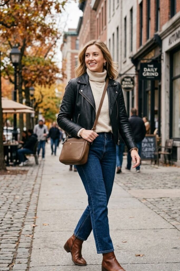 3. Leather Jacket With Sweater And Jeans