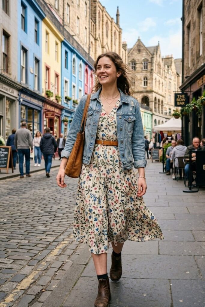 3. Vintage Floral Midi Dress With Denim Jacket