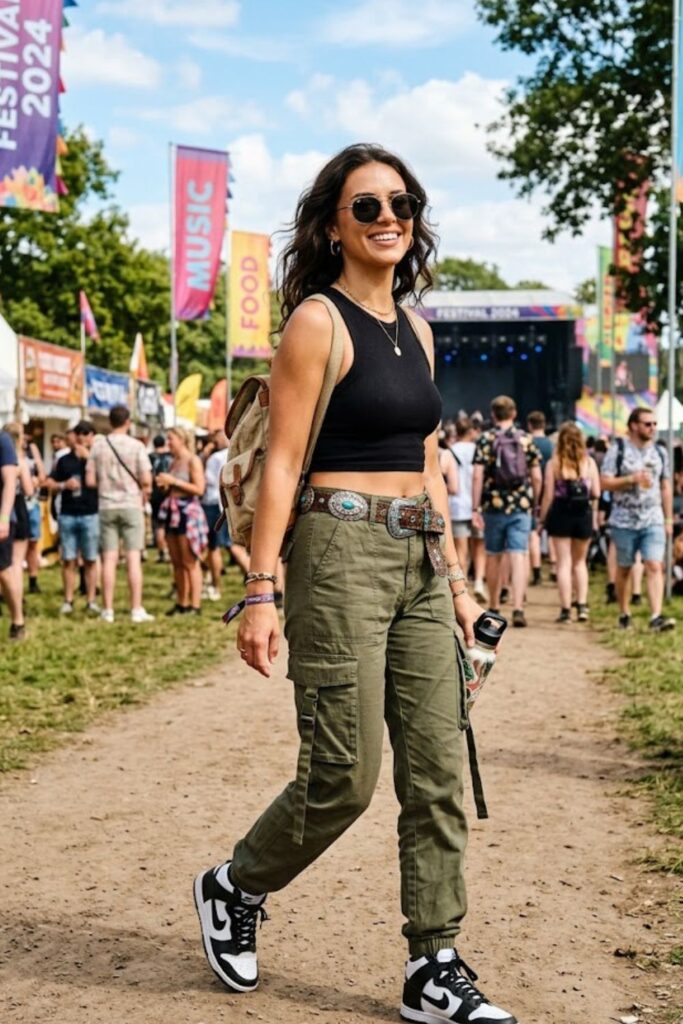 4. Crop Top With Cargo Pants And Sneakers