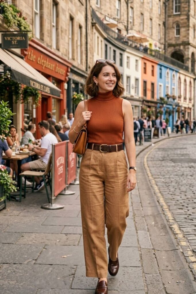 4. High‑Waisted Wide‑Leg Trousers With Turtleneck