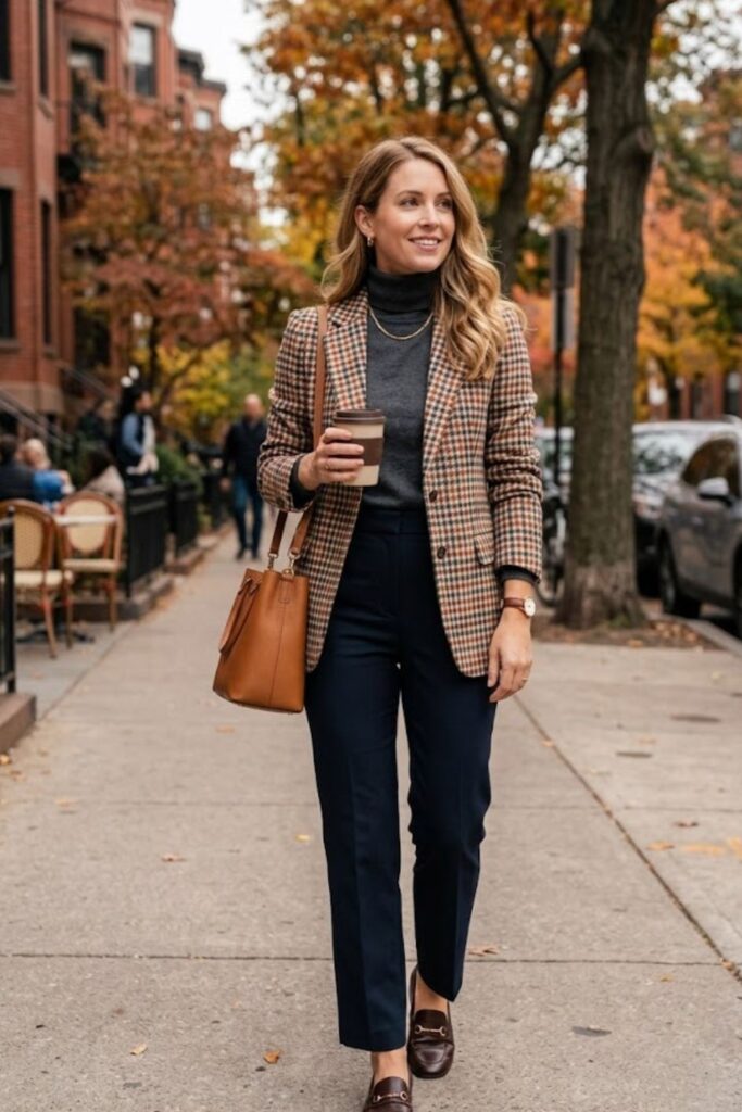 4. Plaid Blazer With Turtleneck And Trousers