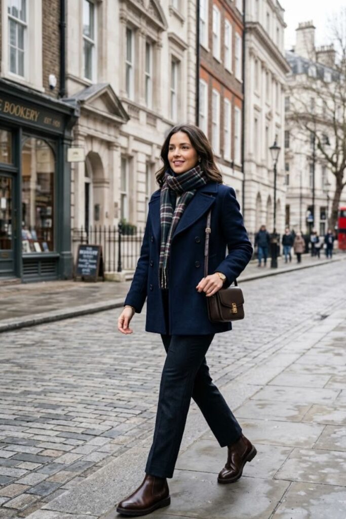 4. Plaid Scarf With Peacoat And Straight Pants