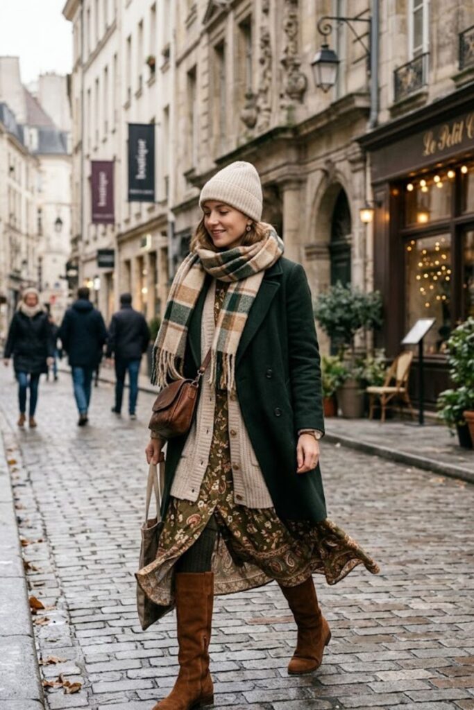 5. Long Cardigan With Dress And Knee‑High Boots