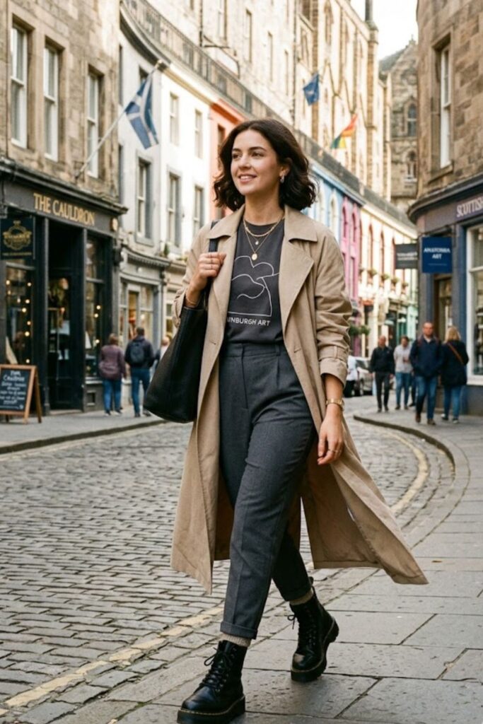 5. Long Trench Coat With Graphic Tee And Trousers